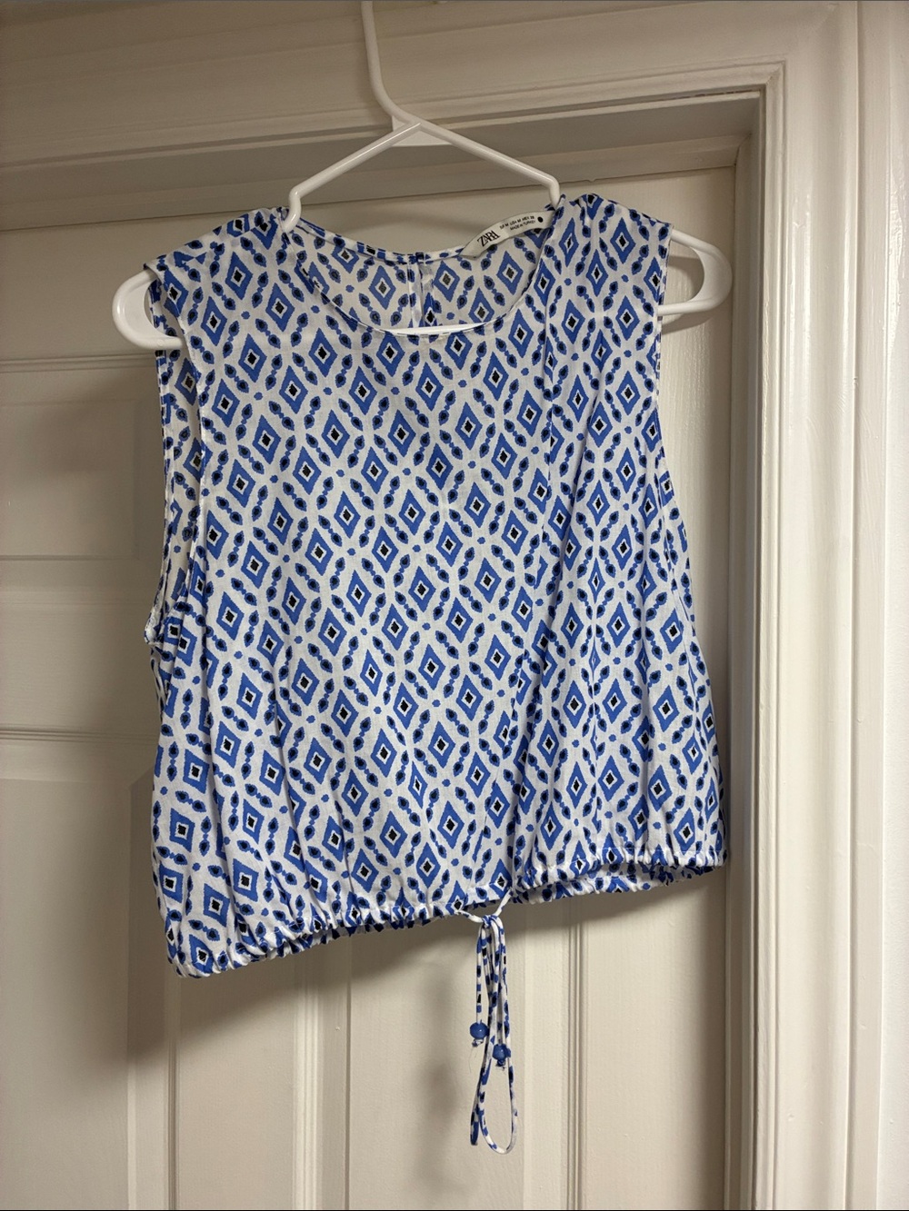 Zara Blue and White Geometric Drawstring Tank